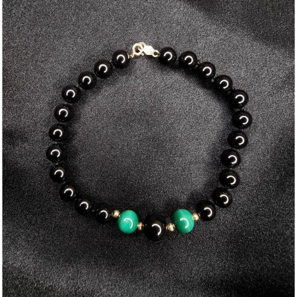 Vintage 14K Gold Hong Kong Signed Onyx & Malachite Beaded Bracelet - Picture 4 of 6